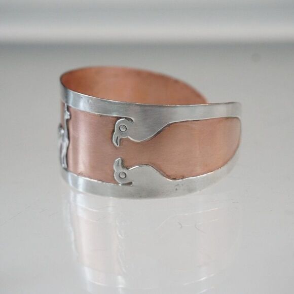Cuff Bracelet Copper With 925 Sterling Silver Vintage Alpaca Llama And Birds - Picture 3 of 11